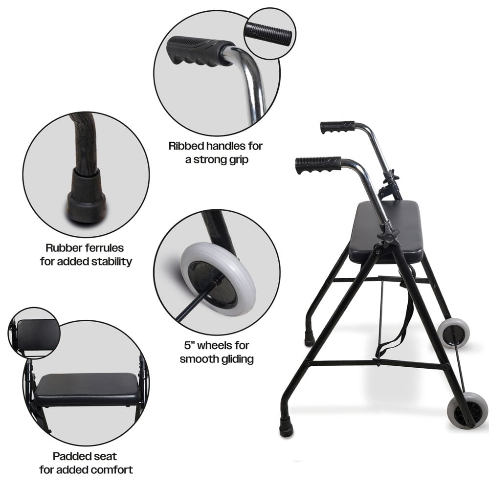 Lightweight Adjustable Walker Frame with Wheels and Seat