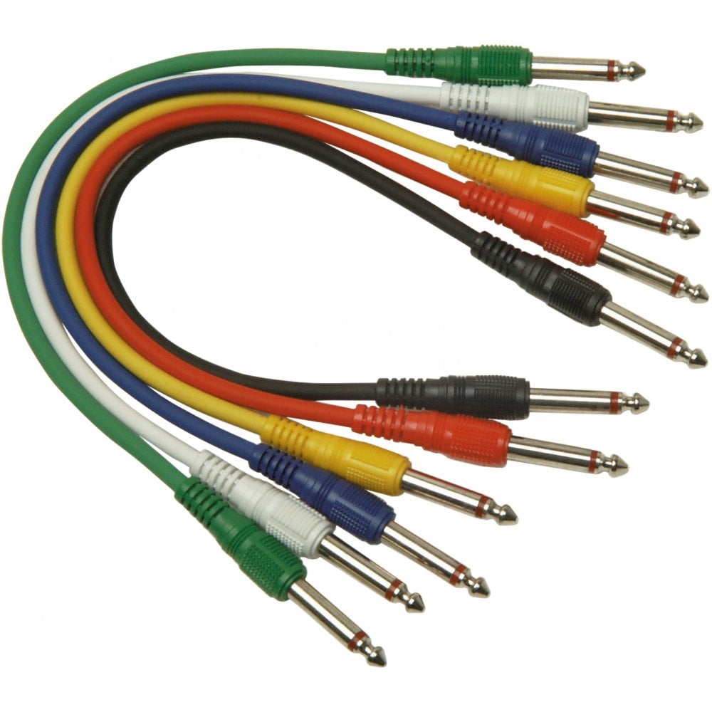 Classic Audio Patch Lead Set 6.3mm Mono Jack Plug 6pcs Coloured 0.3m