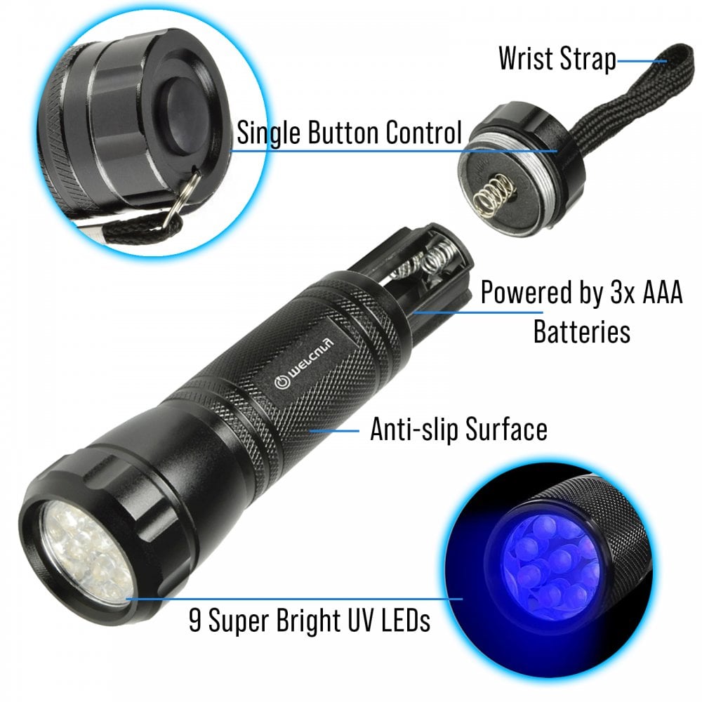 Heavy Duty Aluminium 9 LED UV Torch Lightweight - Bank note Checker