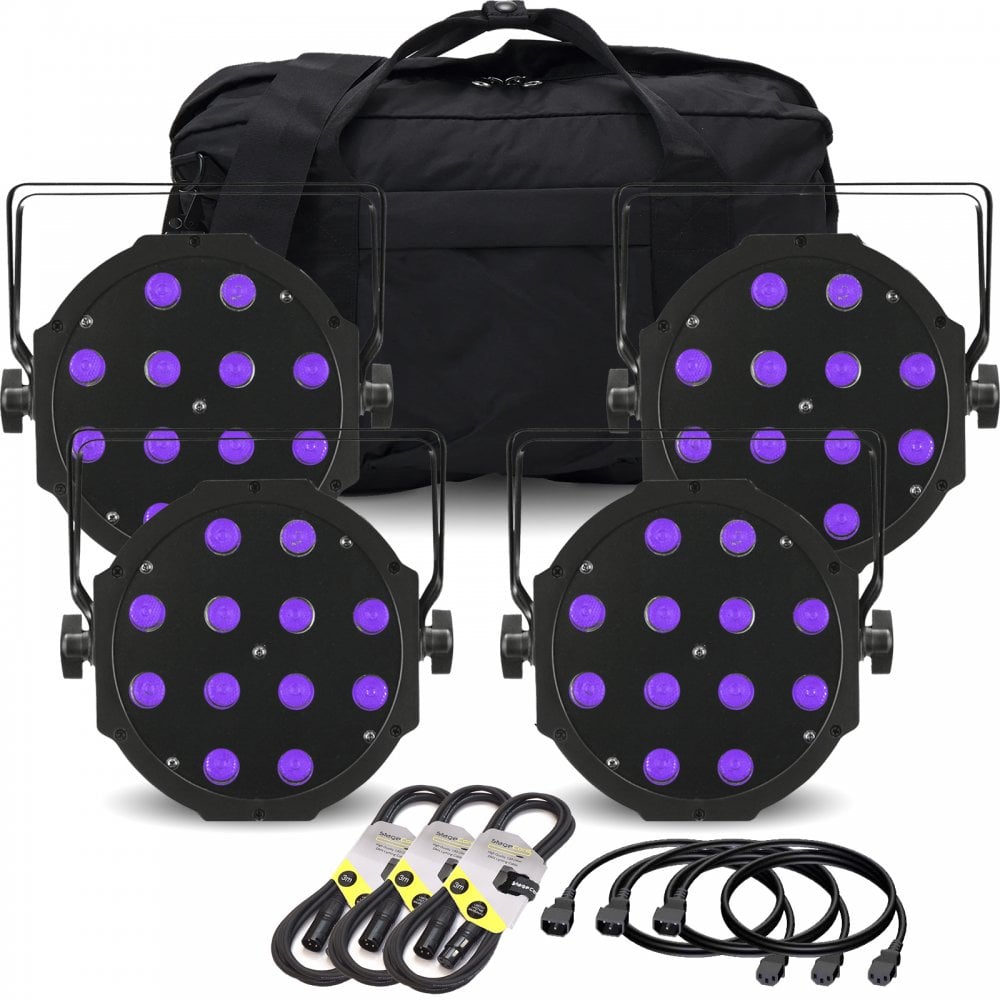 4 x MaxiPar UV LED Blacklight Par Light Fixture Inc Case and Leads