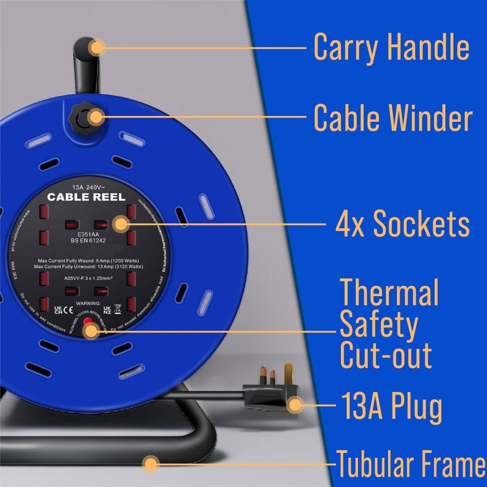 4 Gang UK Mains Socket 13A Open Cable Reel