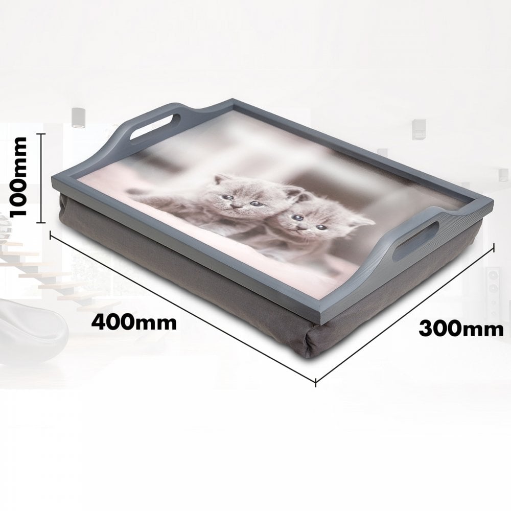 Wooden Lap Tray with Cushion Grey with Kittens