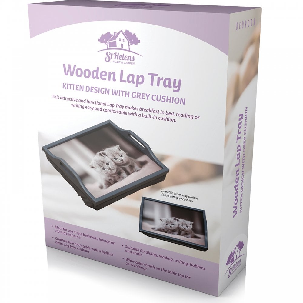Wooden Lap Tray with Cushion Grey with Kittens
