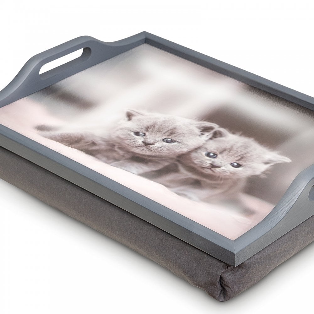 Wooden Lap Tray with Cushion Grey with Kittens
