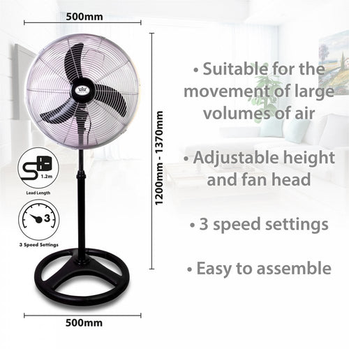 18" Pedestal Fan, Large High Speed with Heavy base, Adj Height 3 Speed Quite