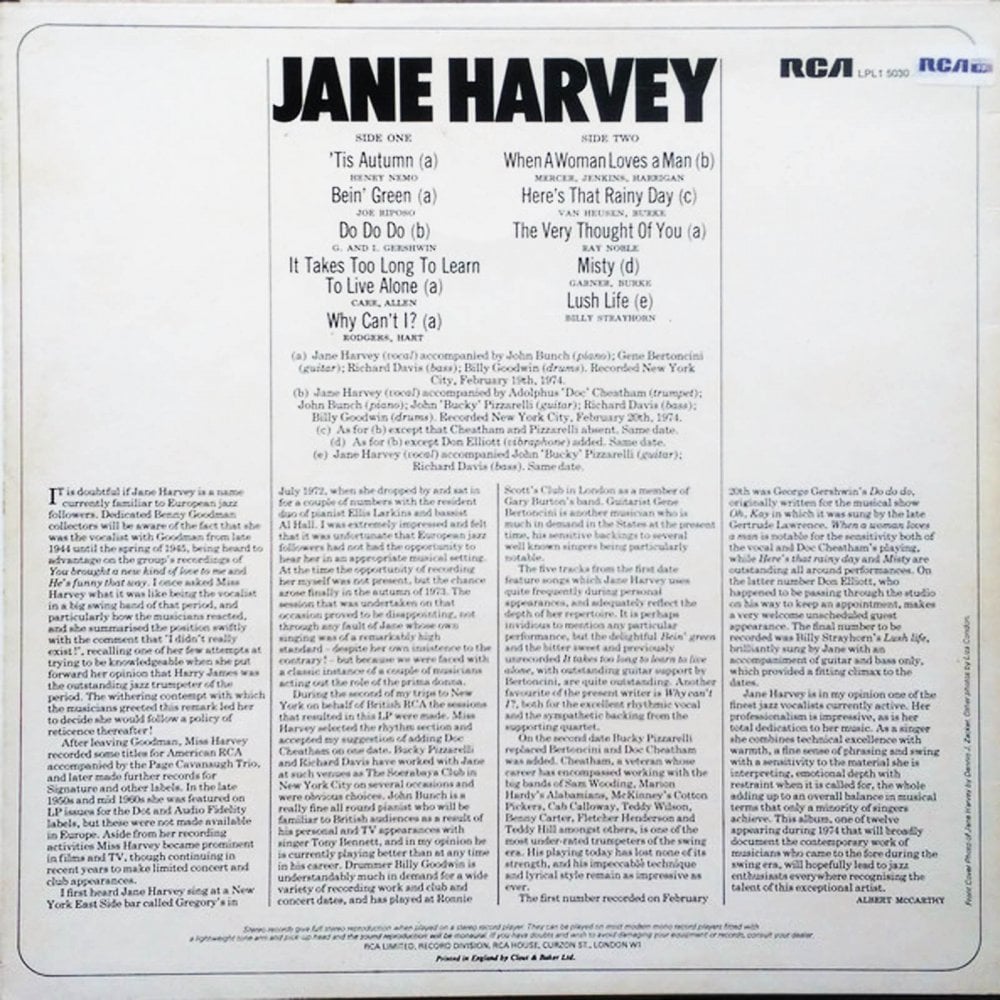 Vinyl Record of Jane Harvey Title Jane Harvey