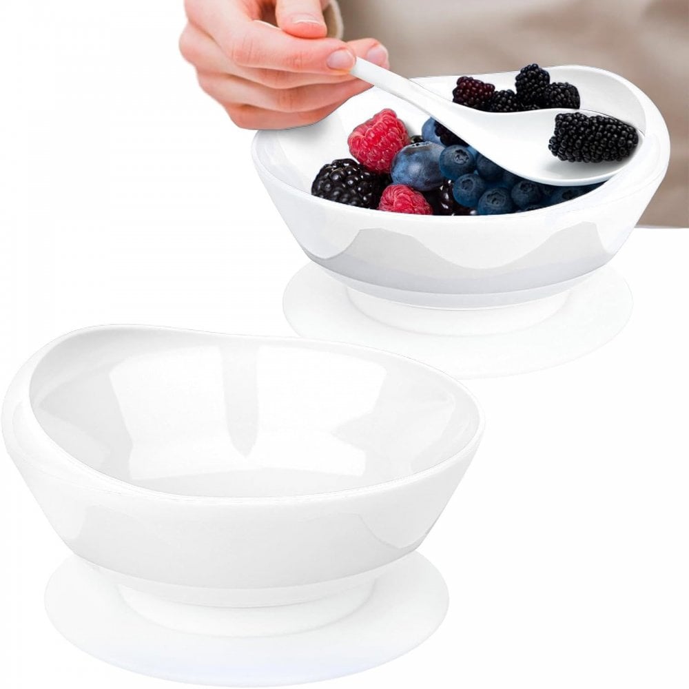 Pair of White Dignity Bowl Spill Proof Non Slip Suction Base