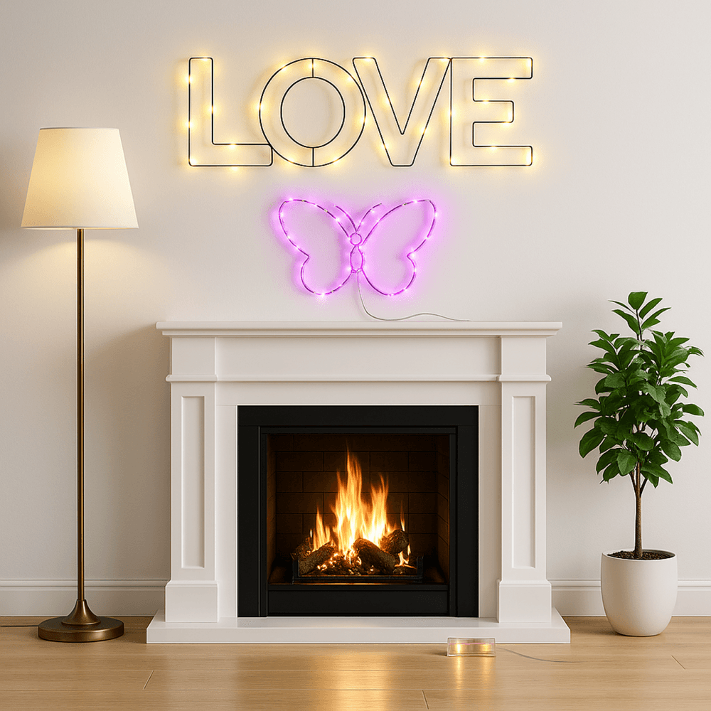 Warm White Love and Pink Butterfly LED Wire Frame Lights