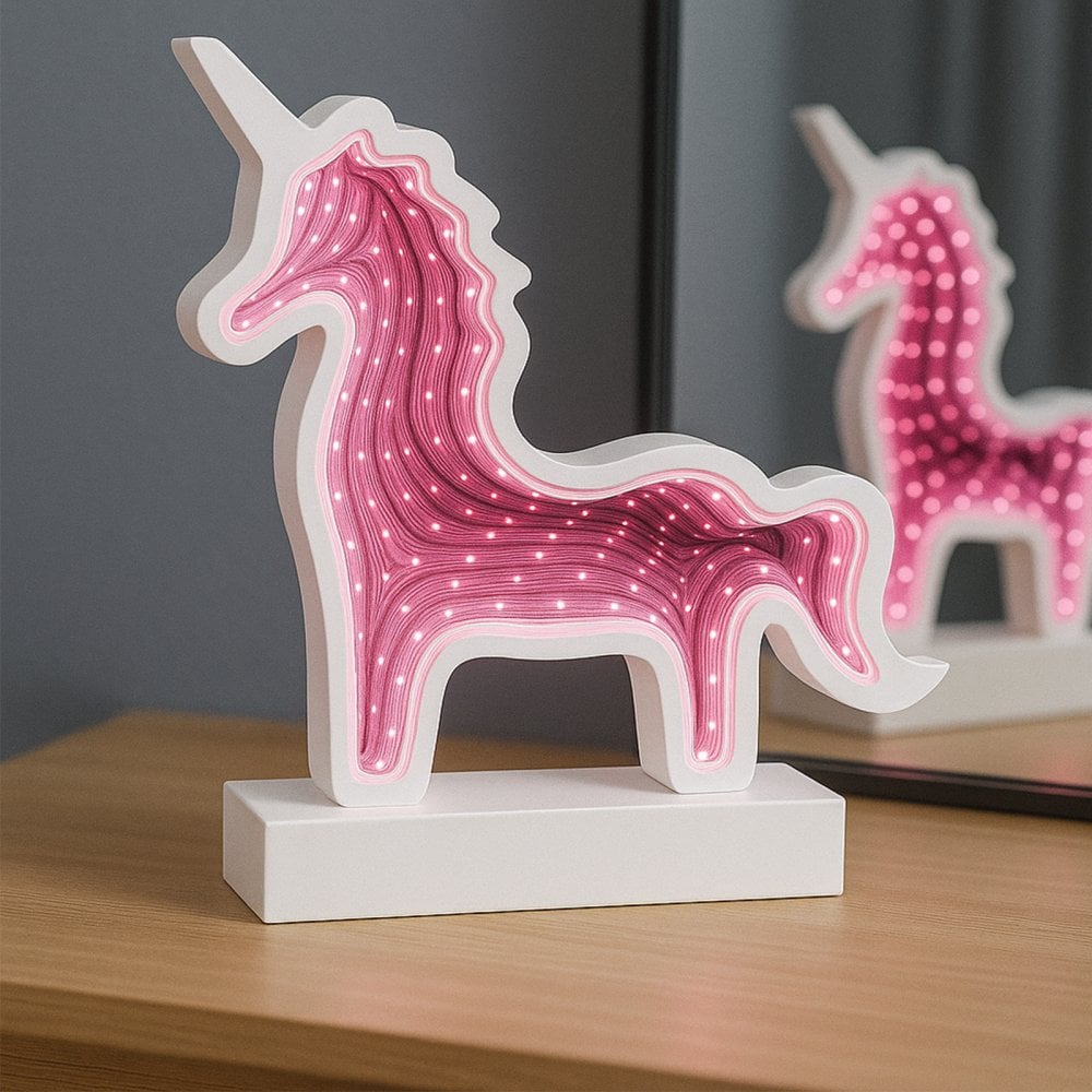 White Wooden Unicorn Infinity Mirror Light