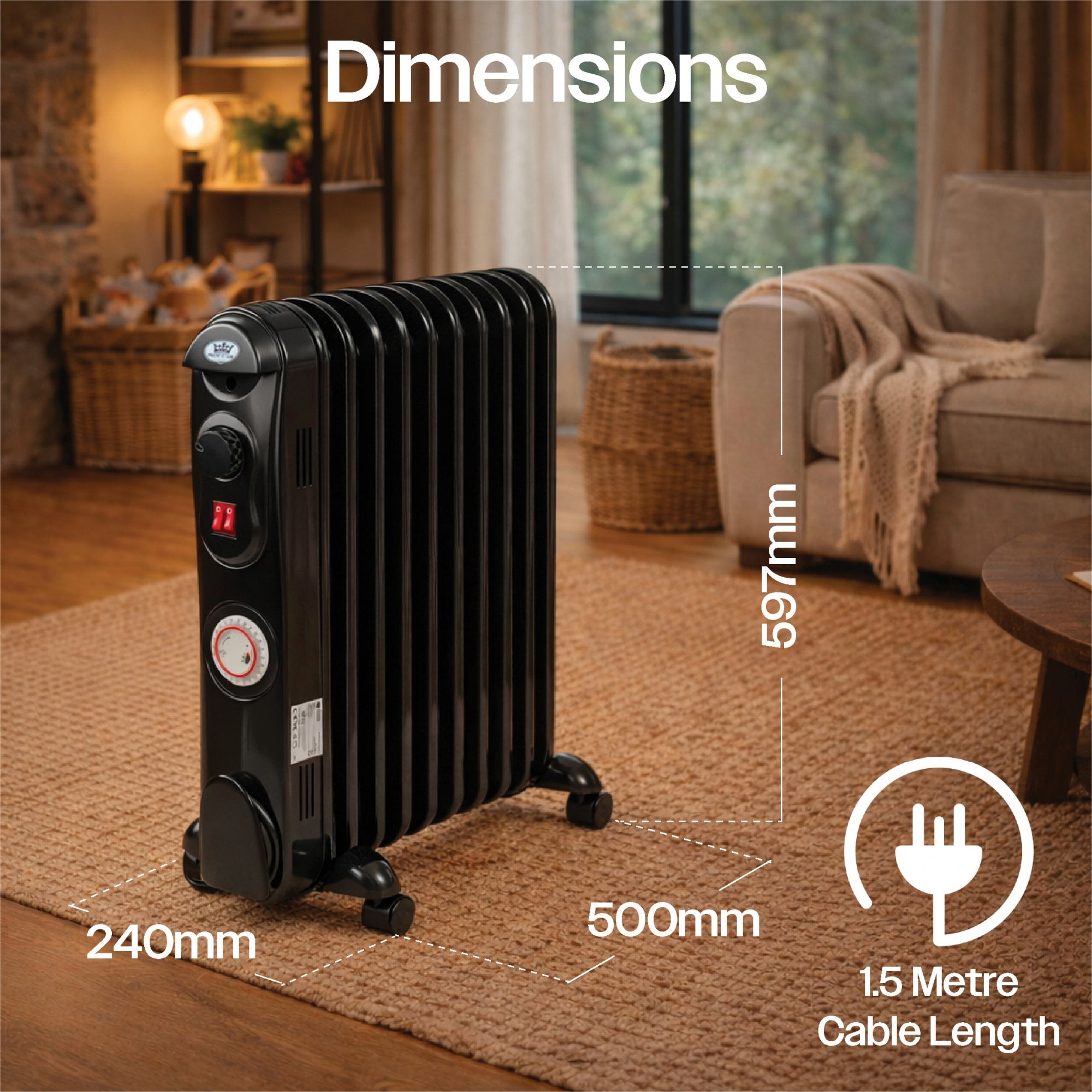 11 Fin Oil Filled Radiator 2.5kW with Timer Black