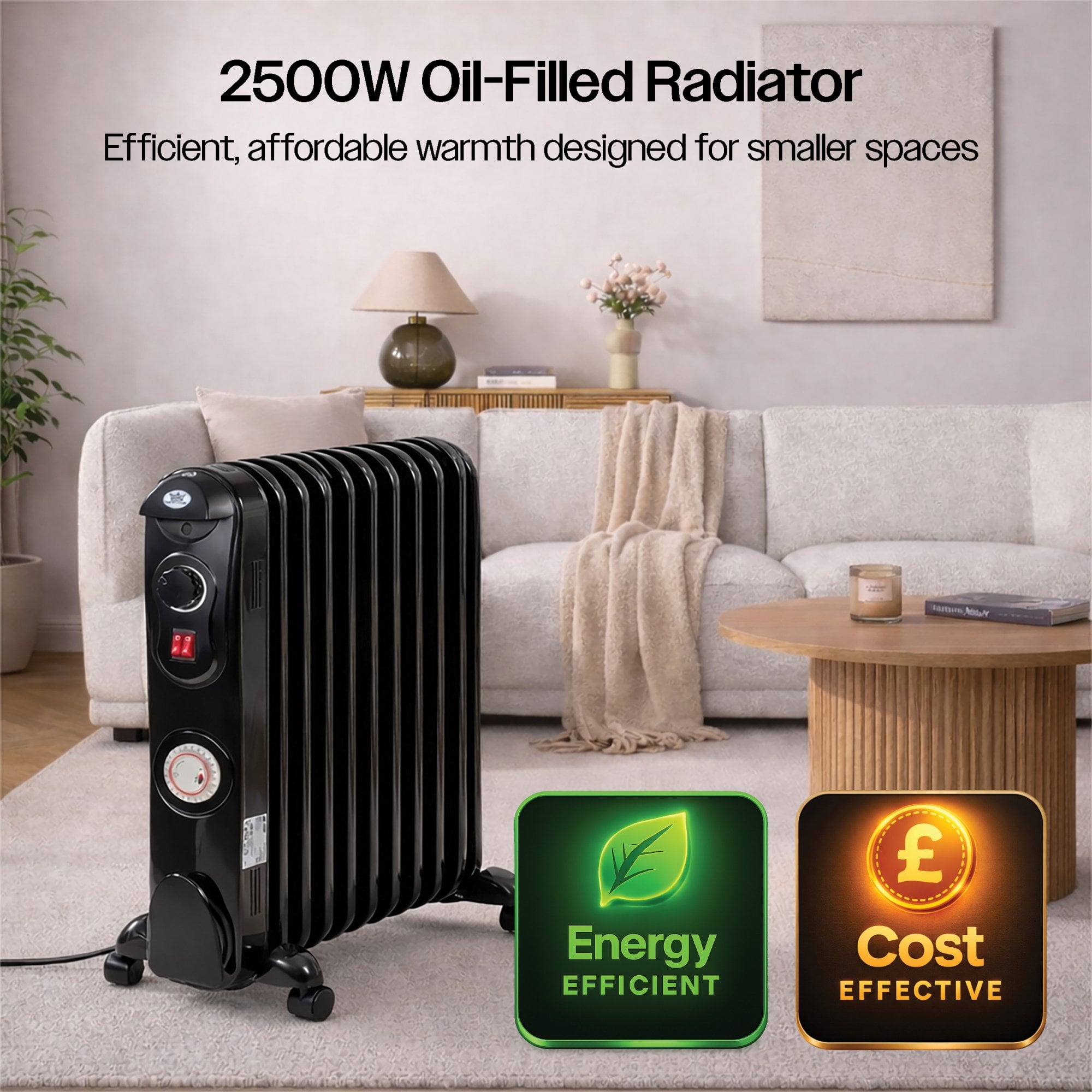11 Fin Oil Filled Radiator 2.5kW with Timer Black