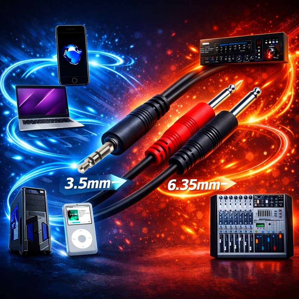 3.5mm Stereo Plug to 2 x 6.3mm Mono Plugs Lead