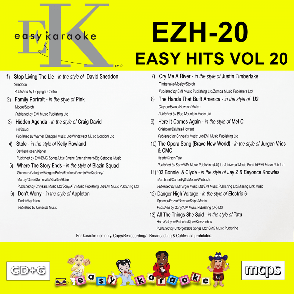 Easy Karaoke Hits Vol 20 CD+G Disc EZH-20 13 Track Disc