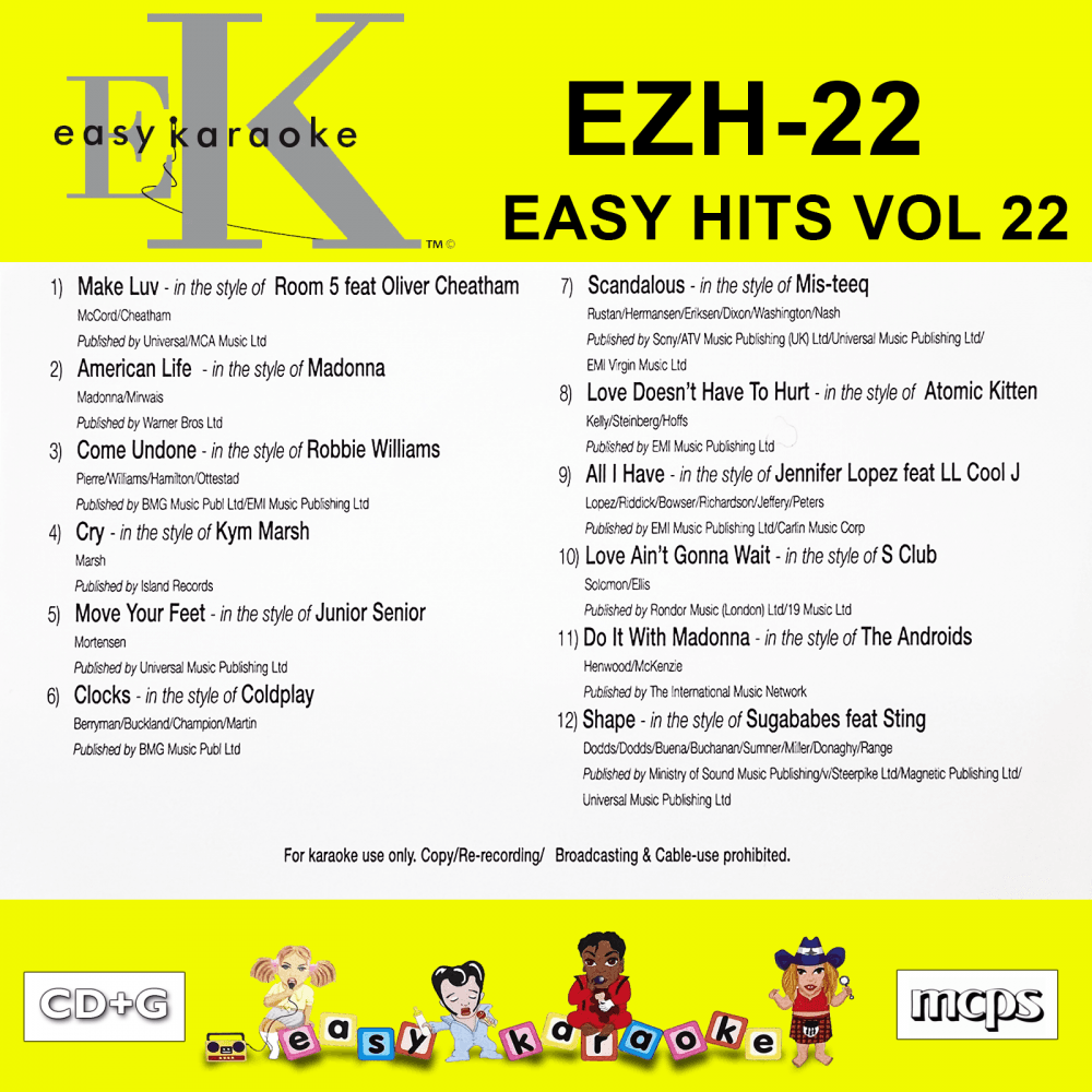 Easy Karaoke Hits Vol 22 CD+G Disc EZH-22 12 Track Disc
