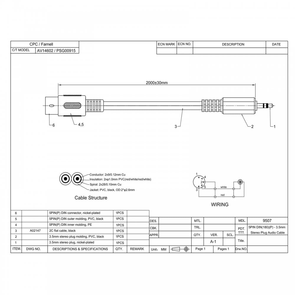 5 Pin Din Plug To 3.5mm Stereo Jack Plug Audio Cable Lead