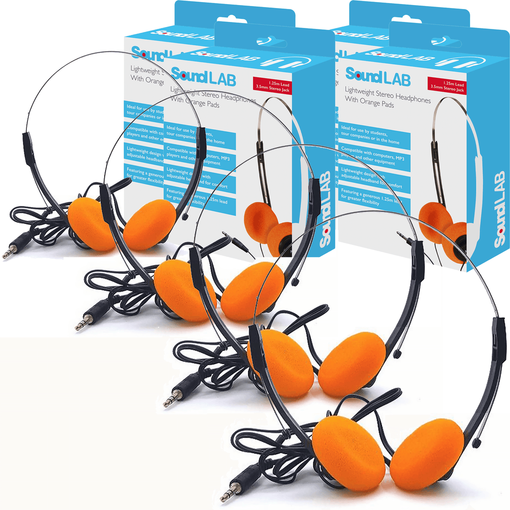 4pc Lightweight Stereo Orange Pad Headphones for Schools Tour Companies