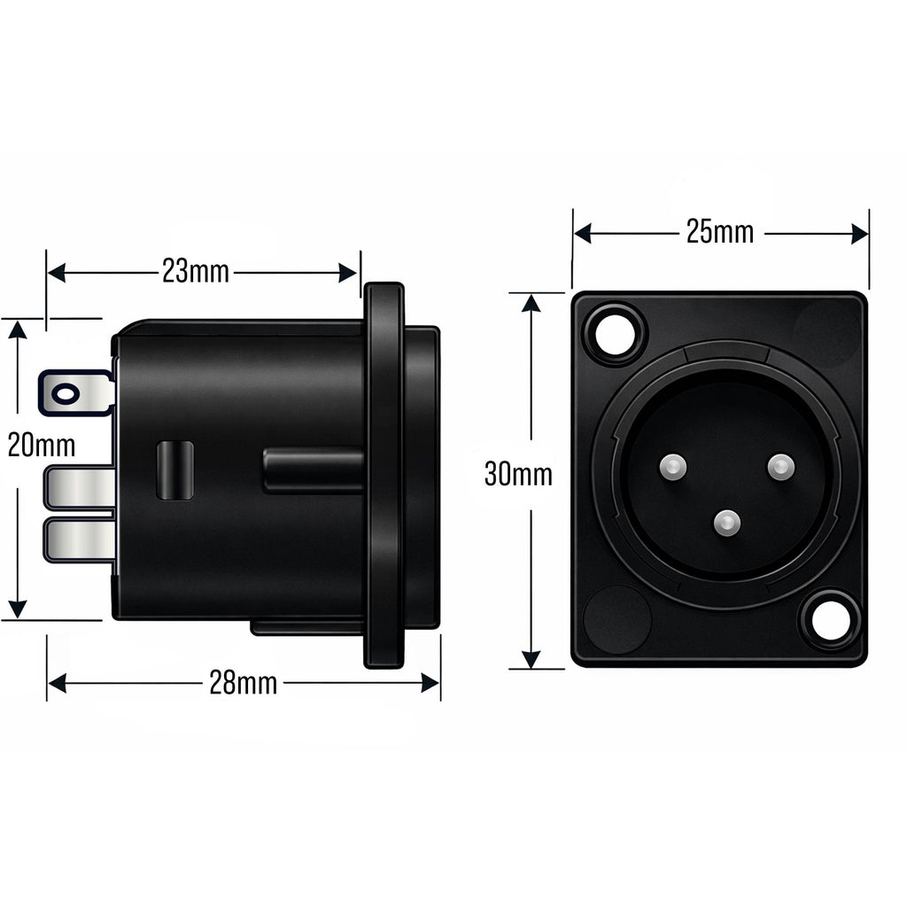 3 Pin XLR Male Chassis Socket Black Twin Pack