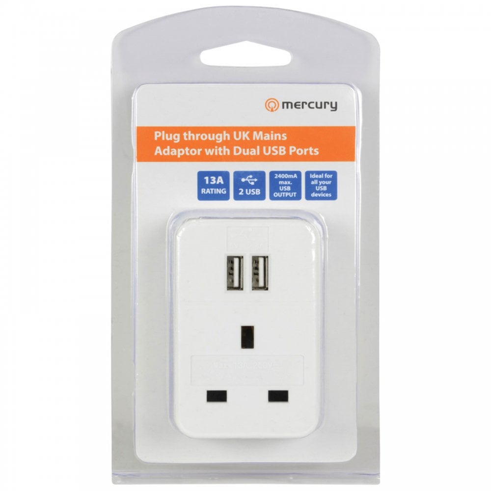 Plug Through UK Mains Adaptor with Dual USB Ports