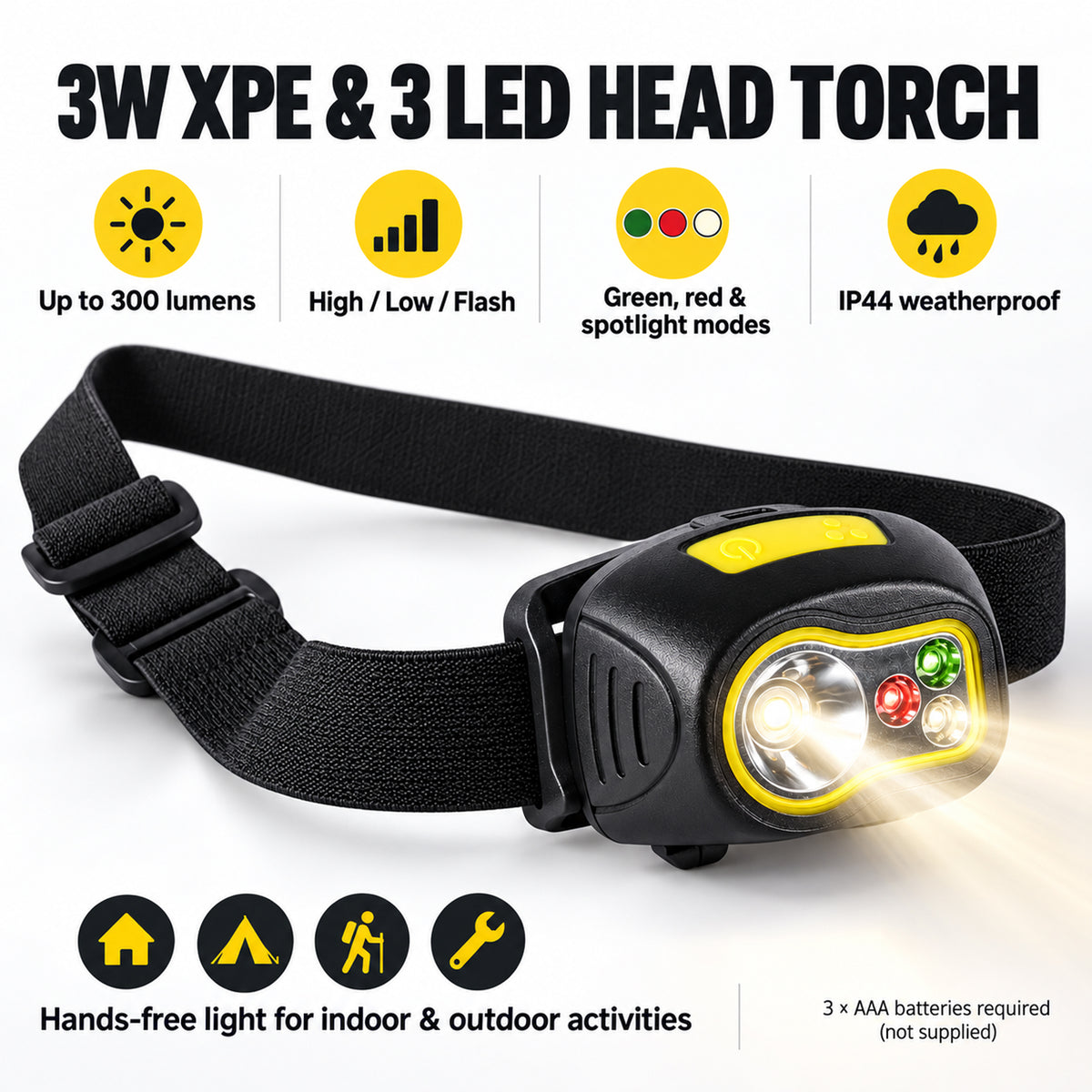 3W XPE LED Head Torch - Headband for Potholing Building Sites etc
