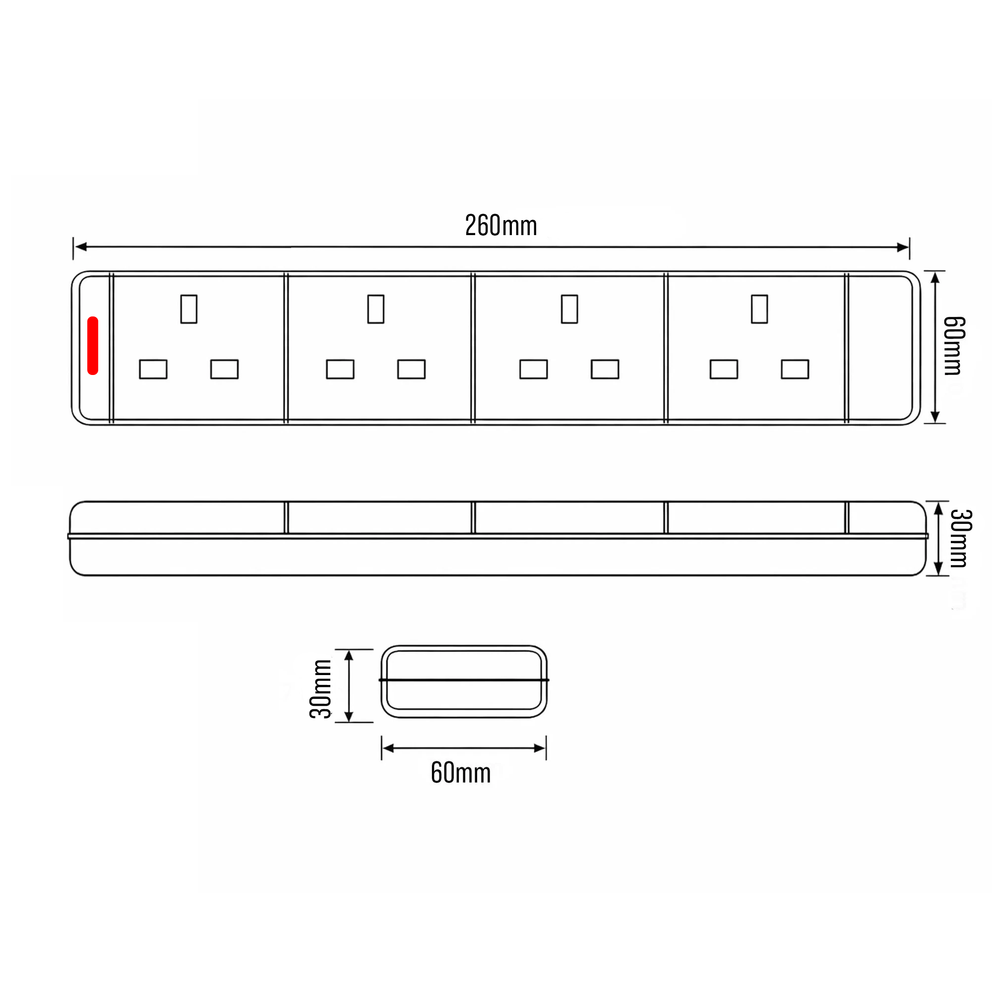 Rewirable 4 Gang Trailing UK Mains Socket