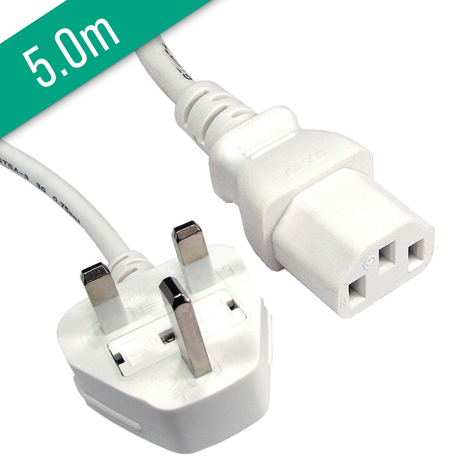White IEC Lead C13 to UK Mains Plug 1 to 5 Metre Cable