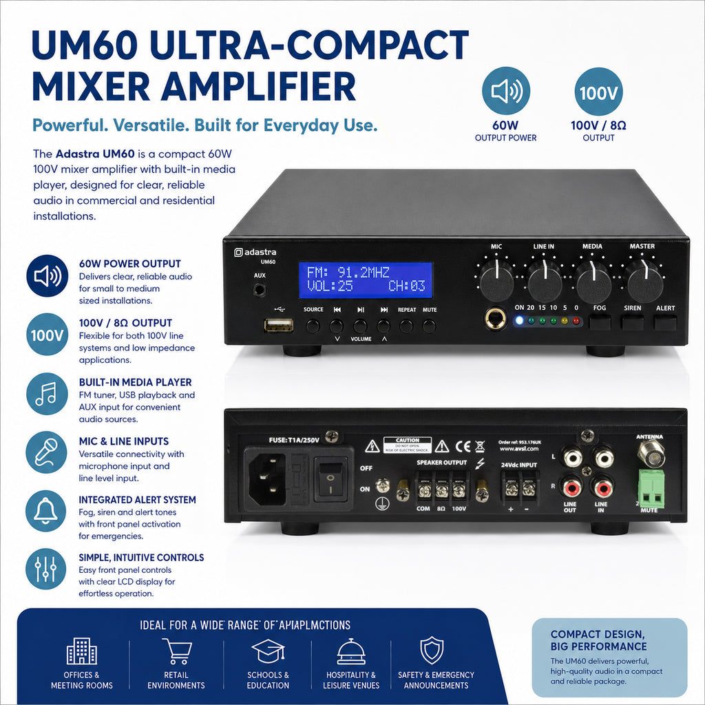 UM Series Ultra Compact Mixer 60W Amplifier 100V or 8 Ohms