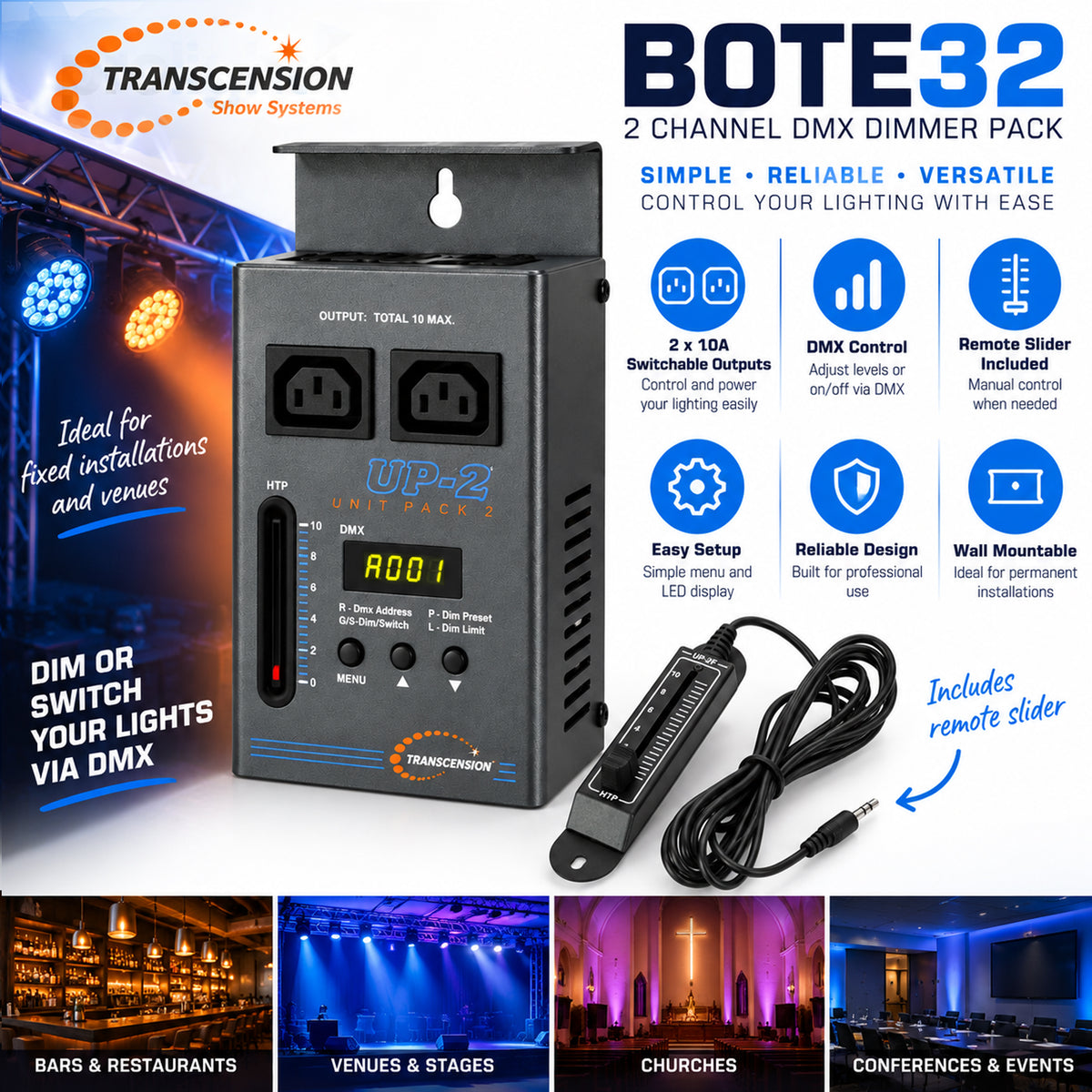 Transcension UP2 RF Dimmer Controller inc Remote Fader DMX / HTP