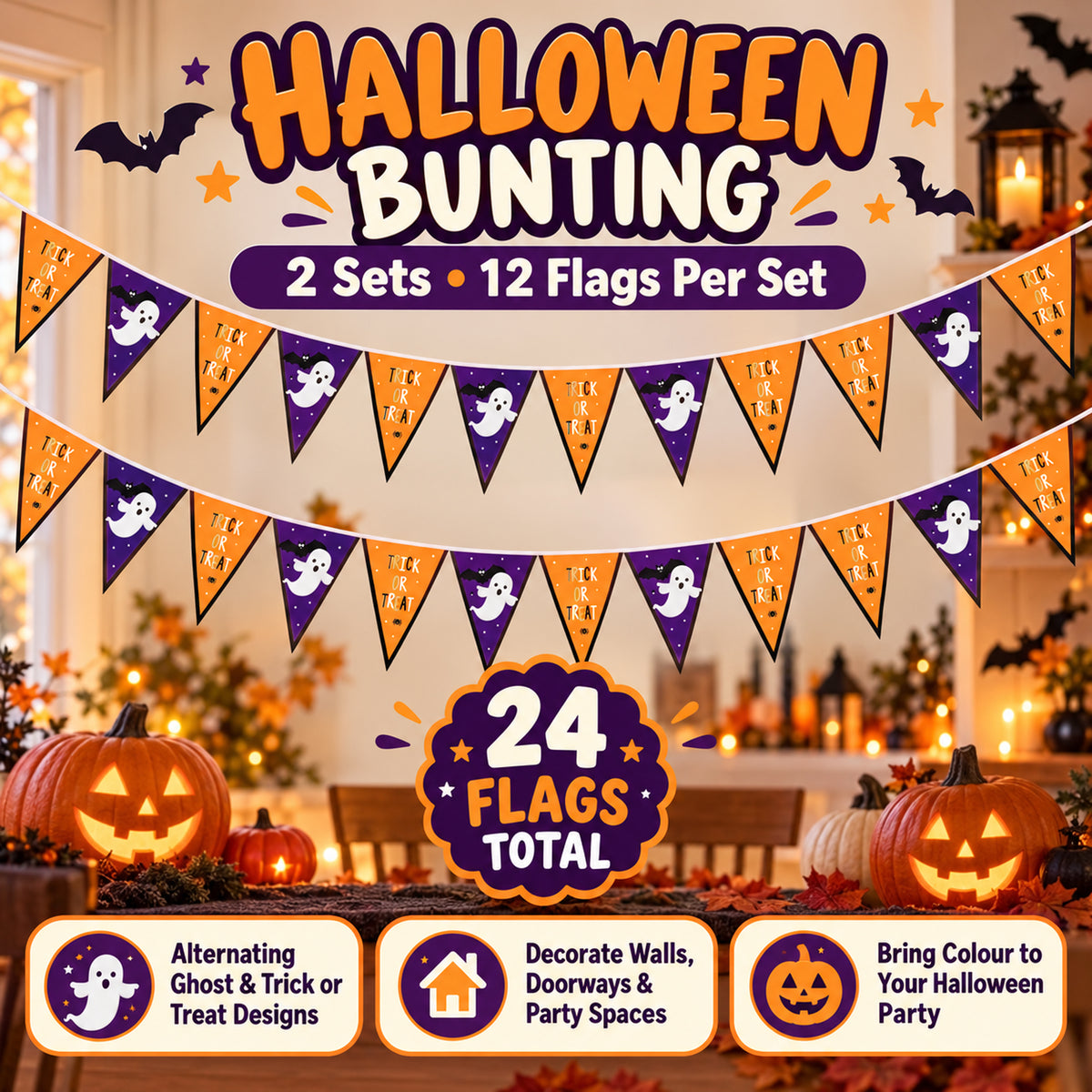 2 Packs Halloween Party 12 Flag Bunting Trick and Treat