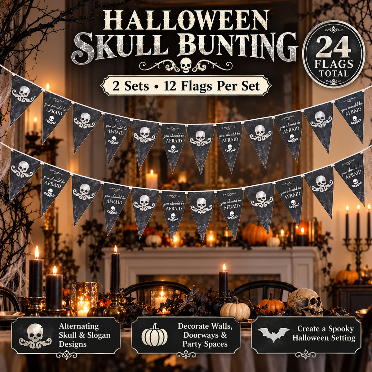 2 Packs Halloween Party 12 Flag Bunting Skulls