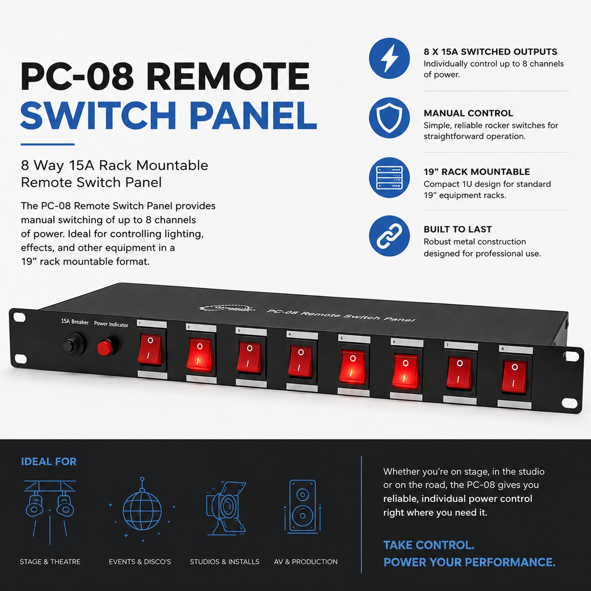PC-08 Power Panel 8 Switch Control IEC Connection 10A Per Channel