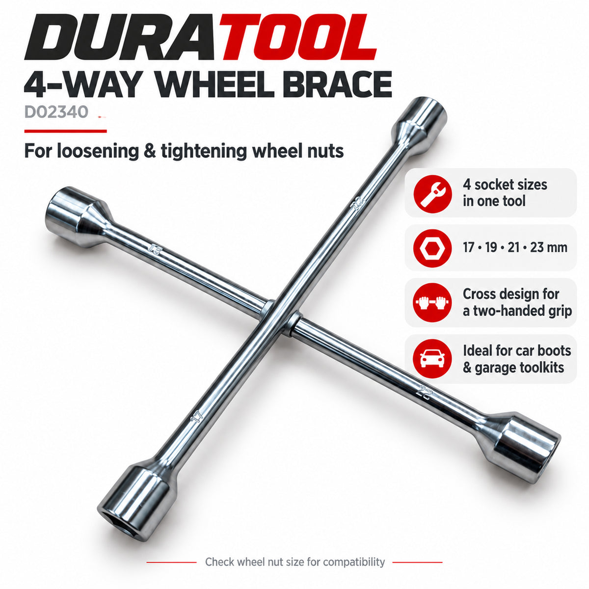 4 Way Universal Wheel Nut Brace Car Van Wrench Cross Spanner
