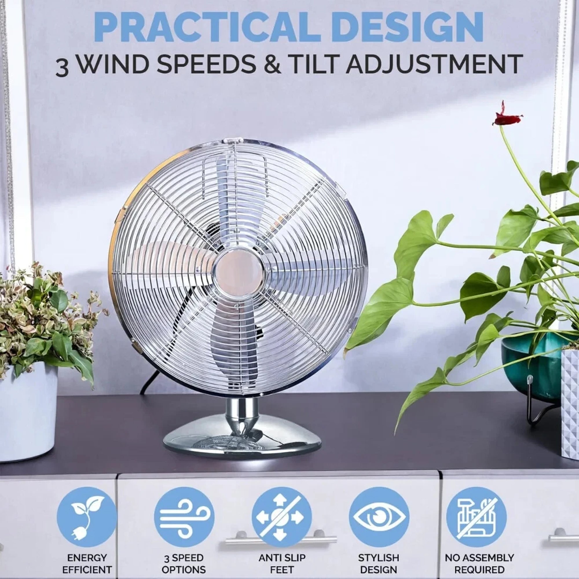 Oscillating Deck Fan in Metal Chrome Finish 3 Speed 12"