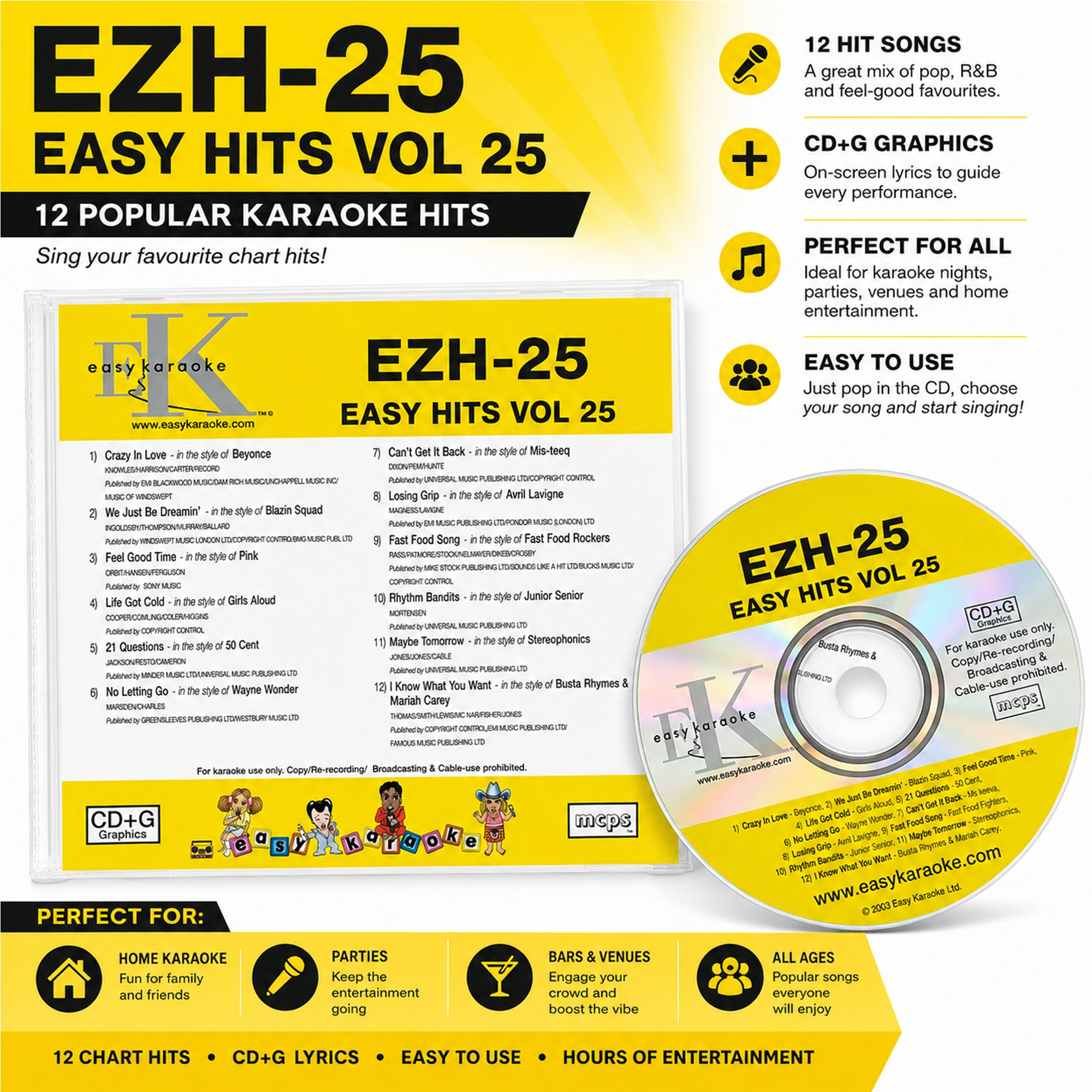 Easy Karaoke Hits Vol 25 CD+G Disc EZH-25 12 Track Disc