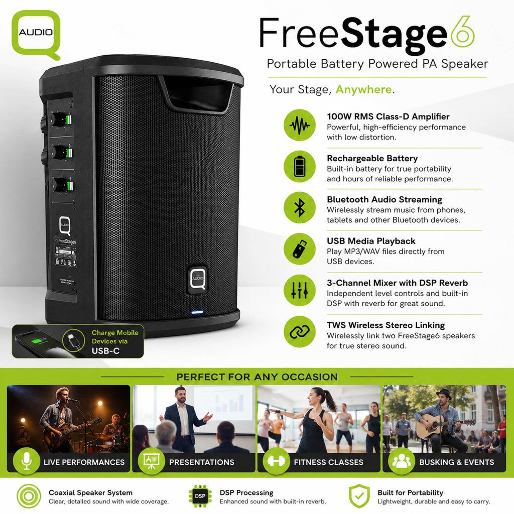 FreeStage6 6" Powered Speaker 3 Channel with USB and BT