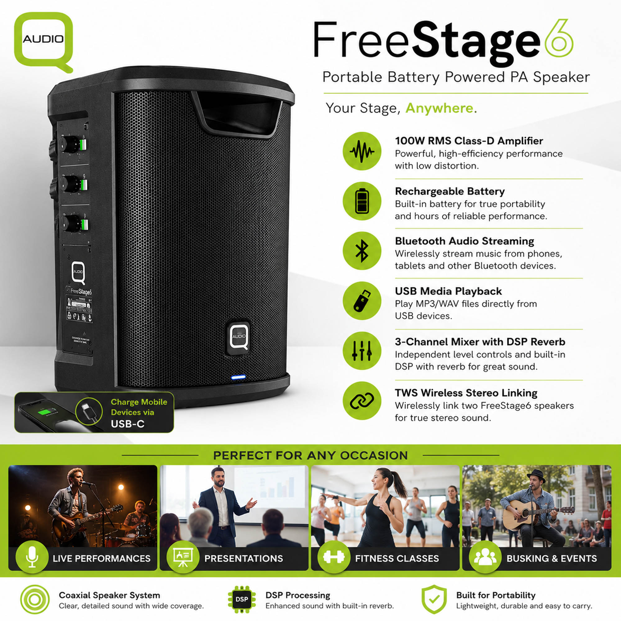 FreeStage6 6" Powered Speaker 3 Channel with USB and BT