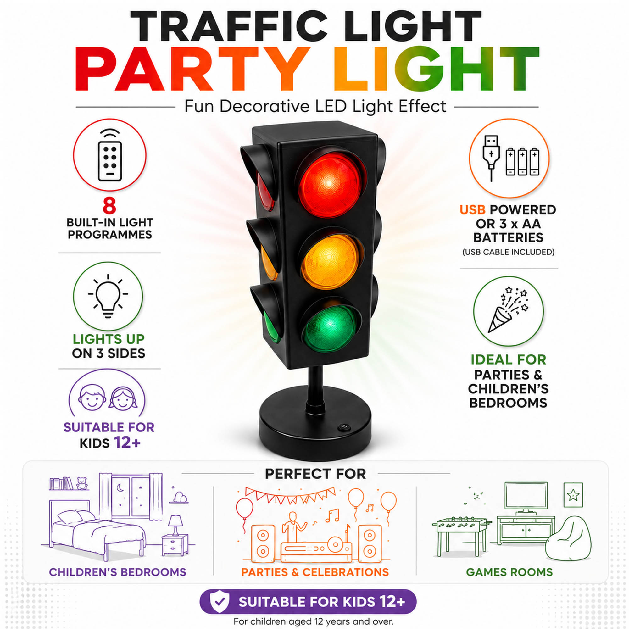 Traffic Light Mini Party Light Kids Disco USB or Battery