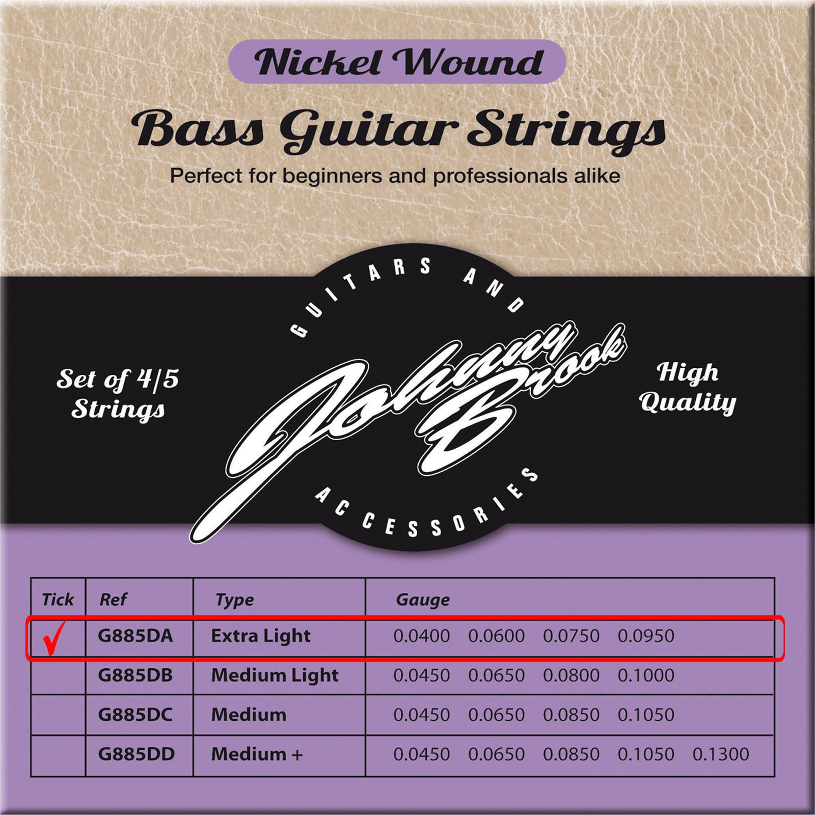 Set of 4 or 5 High Quality Nickel Wound Bass Guitar Strings