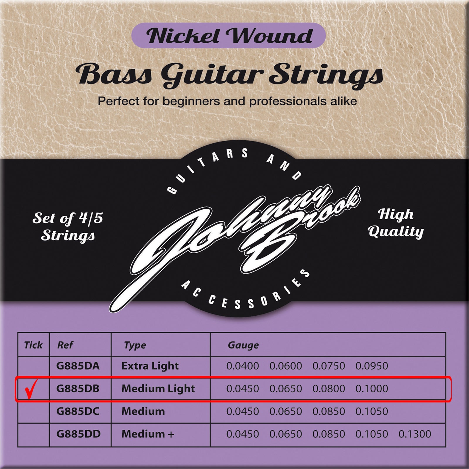 Set of 4 or 5 High Quality Nickel Wound Bass Guitar Strings