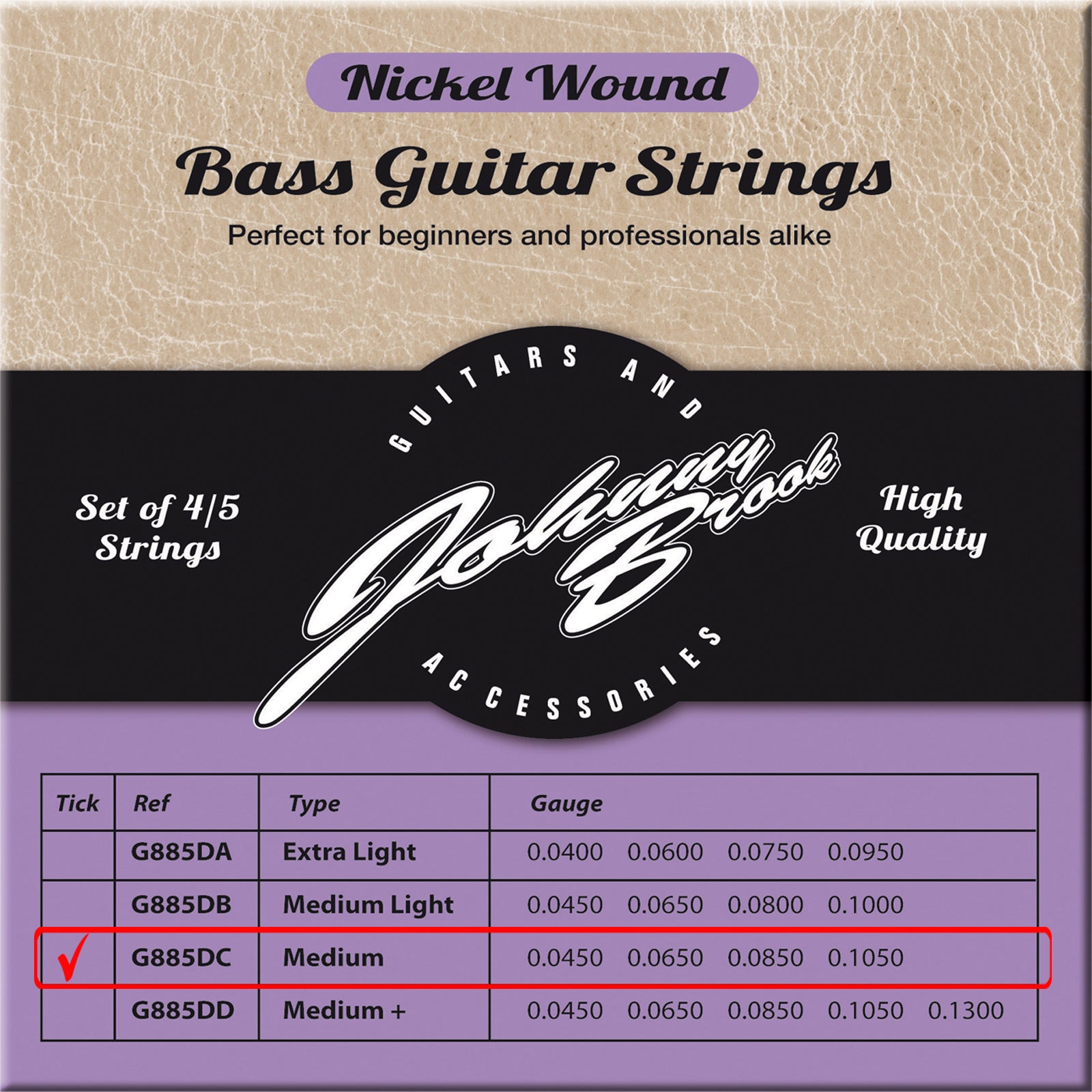 Set of 4 or 5 High Quality Nickel Wound Bass Guitar Strings