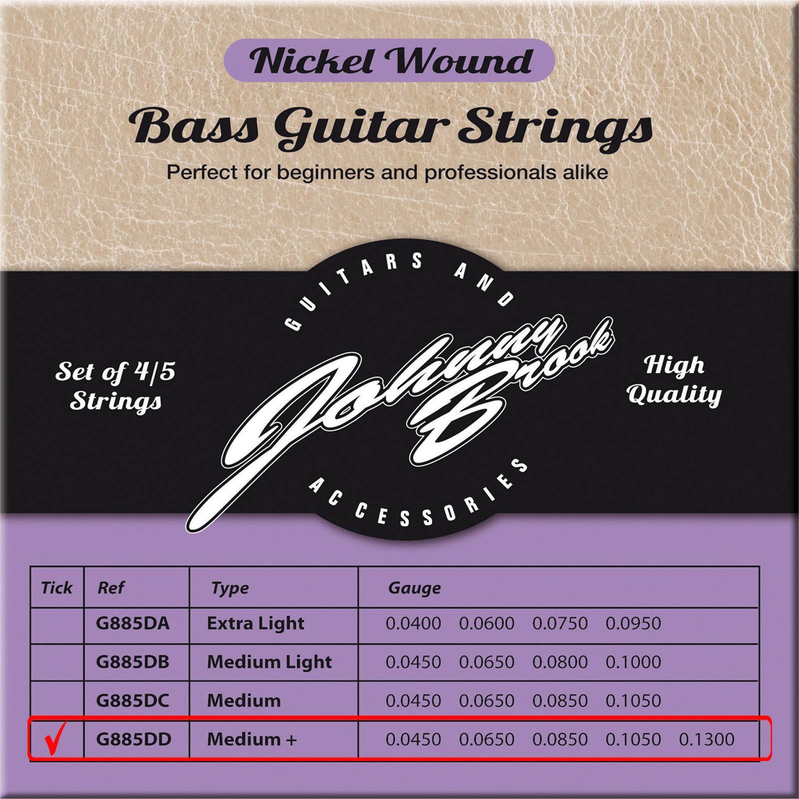Set of 4 or 5 High Quality Nickel Wound Bass Guitar Strings