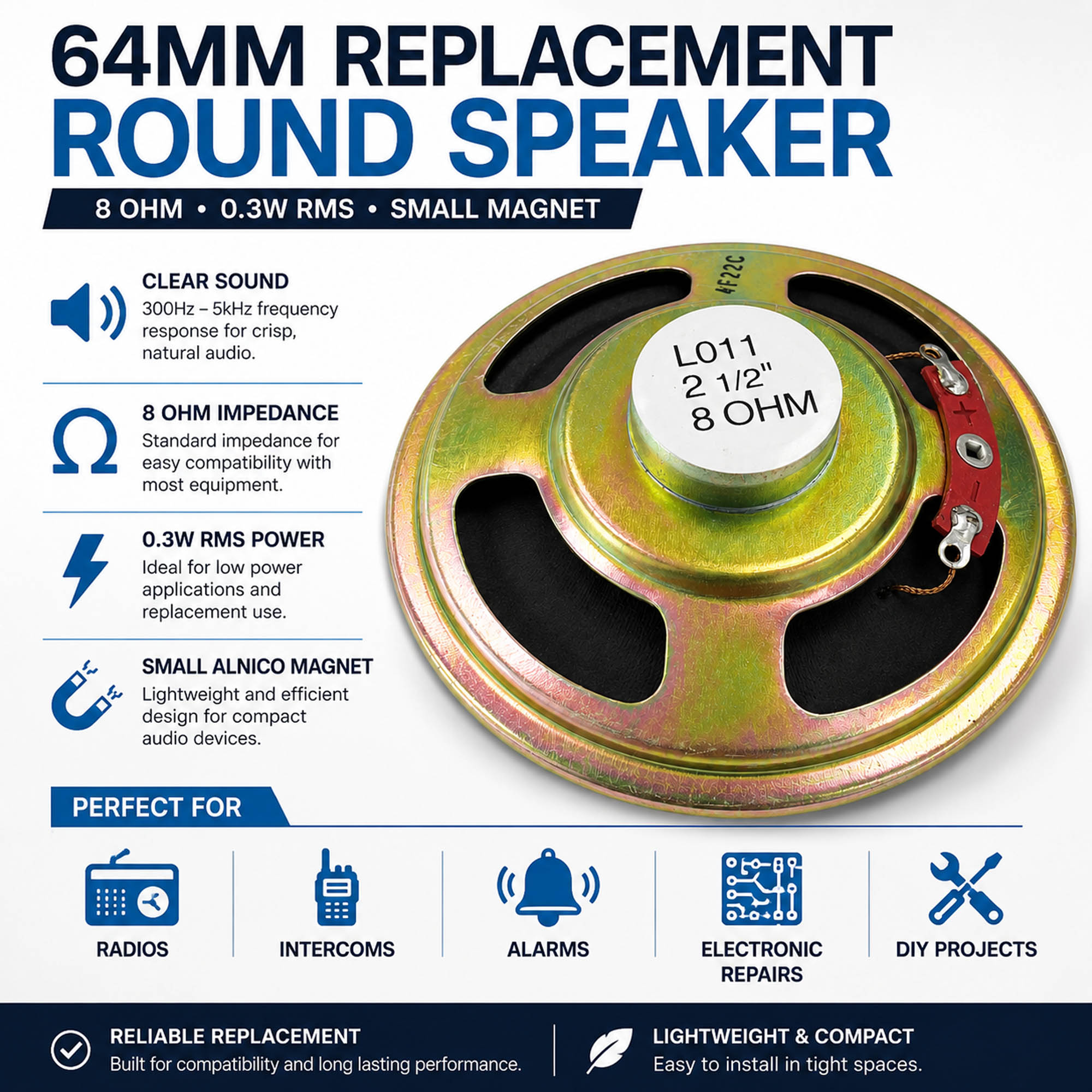 Small Magnet Replacement Round Speaker 64mm 0.3W 8 Ohm