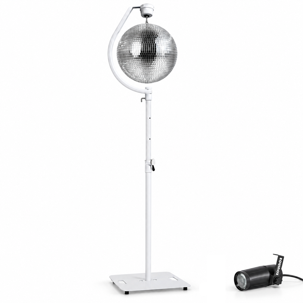 16" Mirror Ball Kit with White Stand, Curved Motor Bracket inc Pinspot