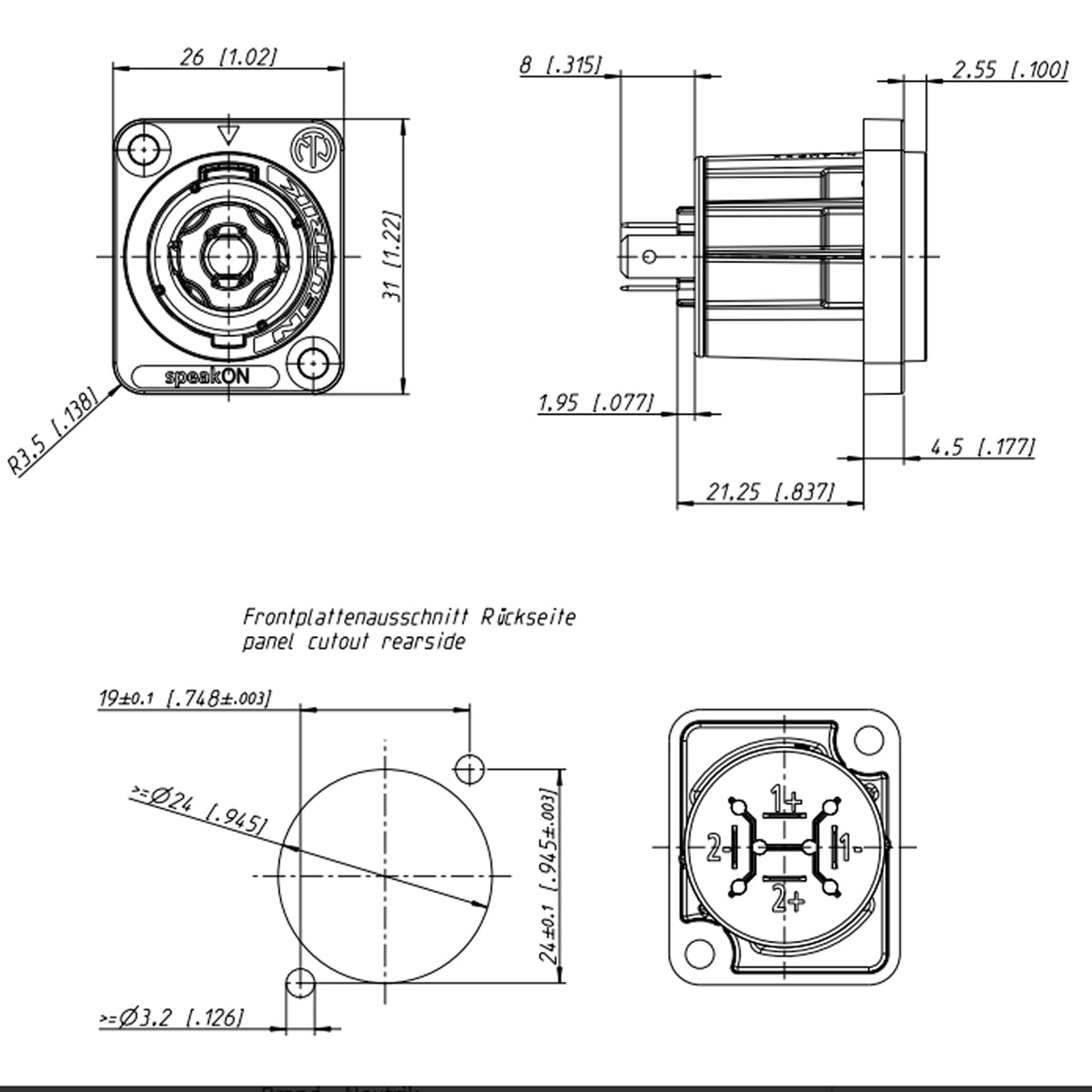 NL4MPXX 4 Pole Male Speakon Chassis Connector NL4MP
