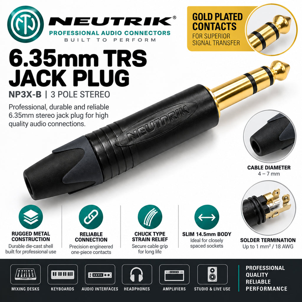 NP3X-B 6.35mm Stereo TRS Jack Plug Gold Contacts