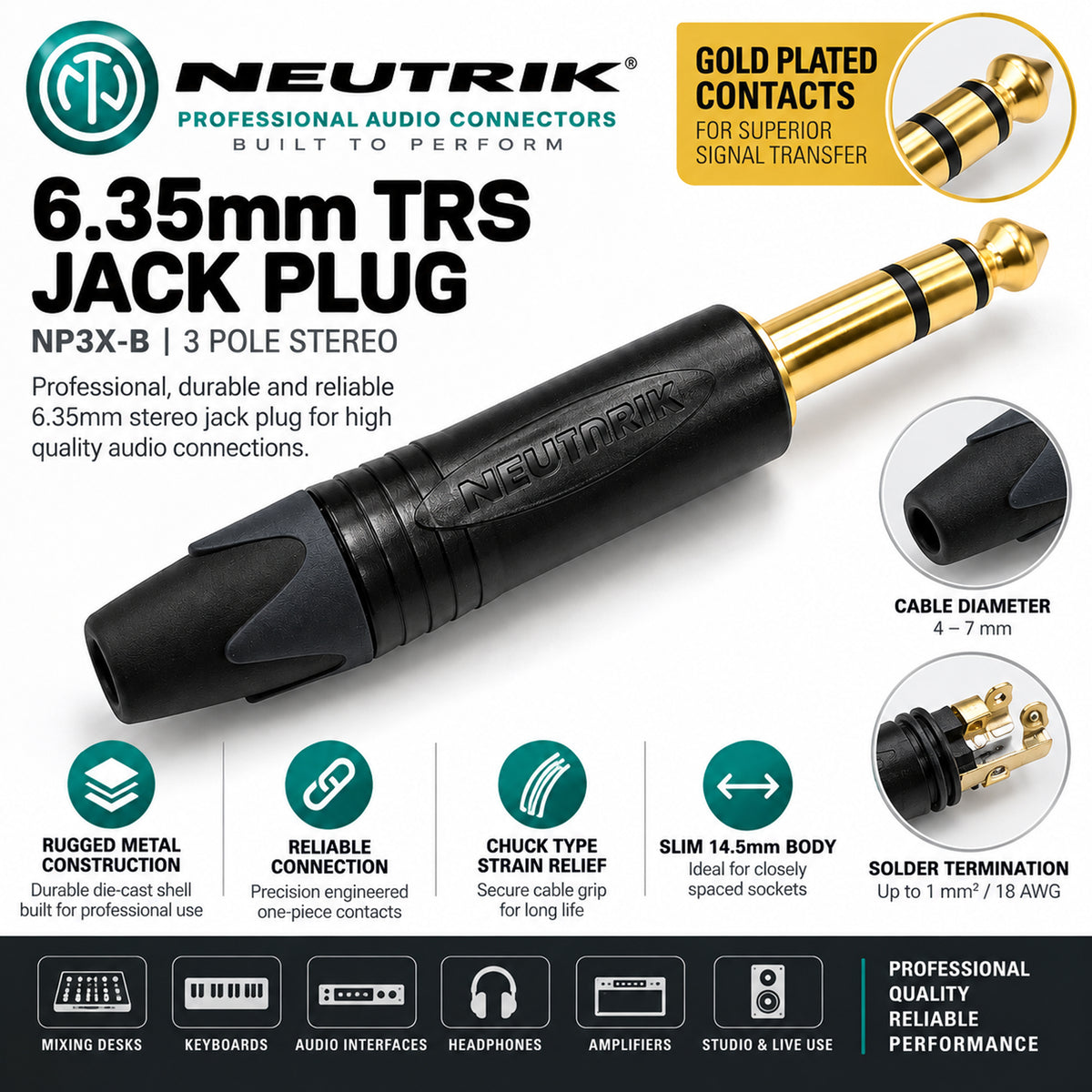NP3X-B 6.35mm Stereo TRS Jack Plug Gold Contacts