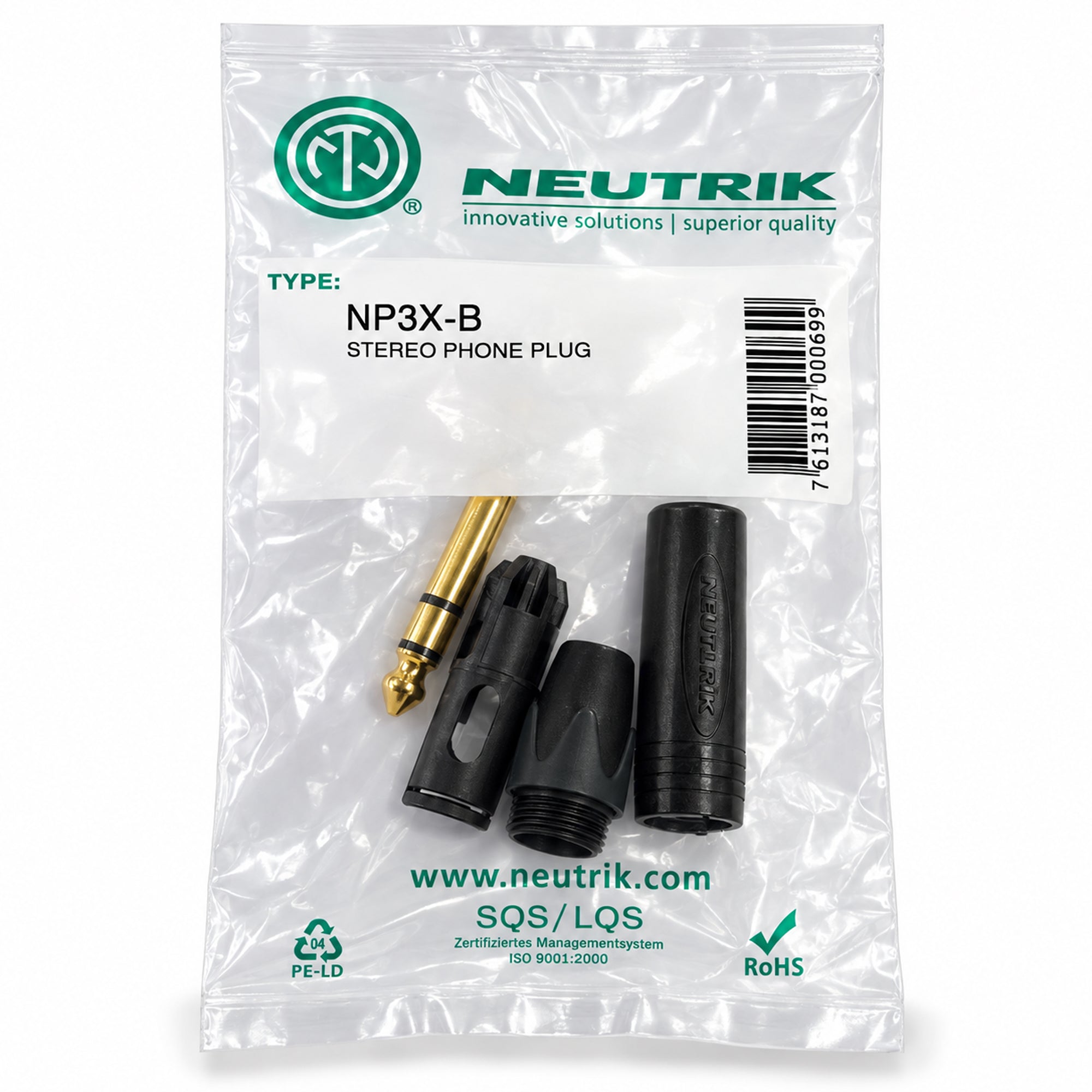 NP3X-B 6.35mm Stereo TRS Jack Plug Gold Contacts