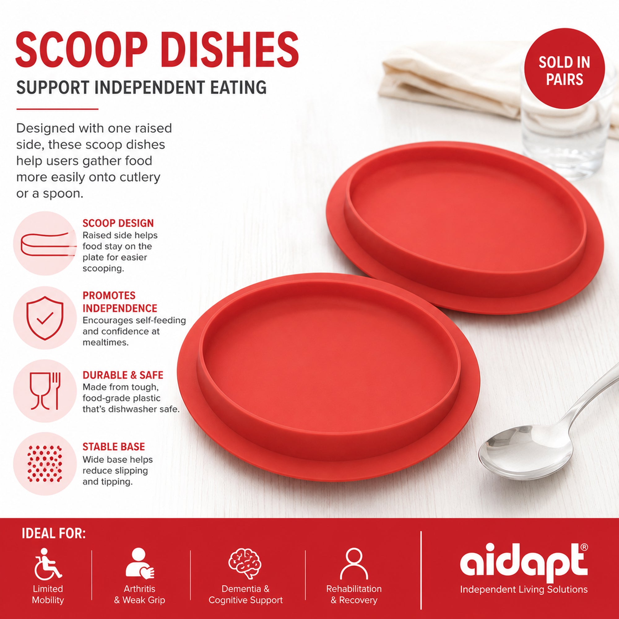 Pair of Red Dignity Dish Spill Proof Non Slip Suction Base