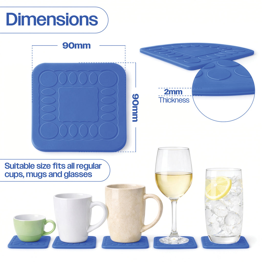4pc Non Slip Silicone Coaster Set Secure Adhesion Red Blue Yellow