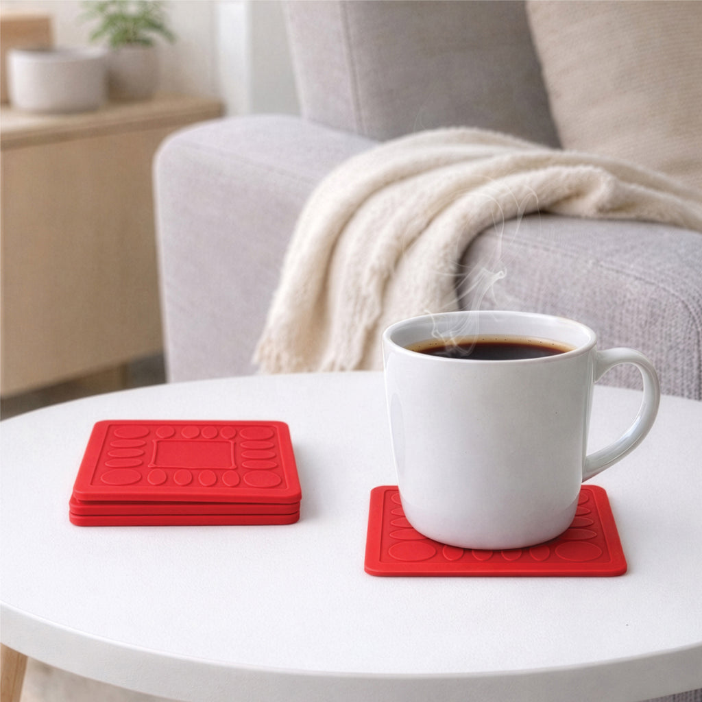 4pc Non Slip Silicone Coaster Set Secure Adhesion Red Blue Yellow