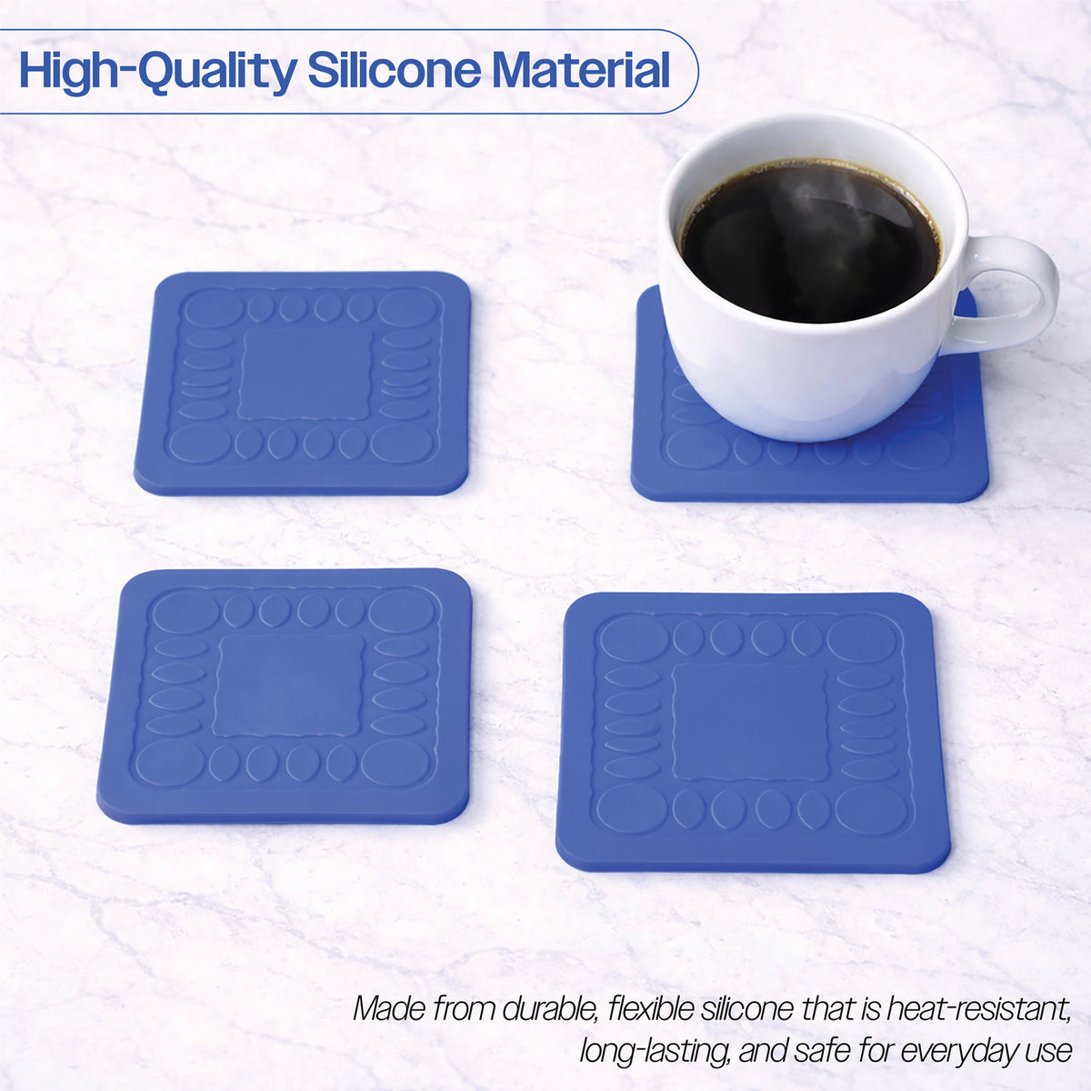 4pc Non Slip Silicone Coaster Set Secure Adhesion Red Blue Yellow